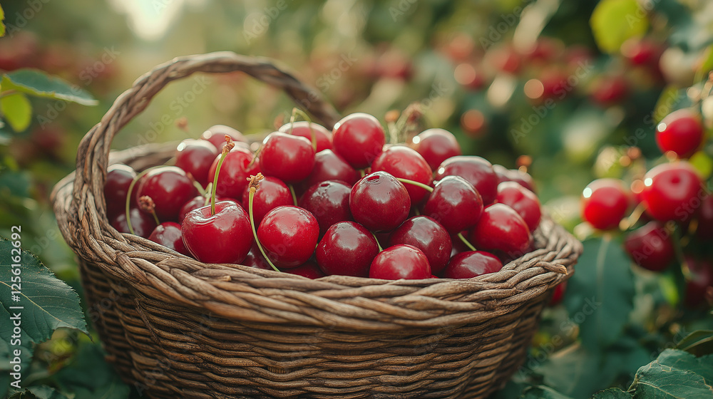 Fresh cherries gathered from an orchard basking in golden sunlight under a clear blue sky Fresh cherries gathered from an orchard basking in golden sunlight under a clear blue sky