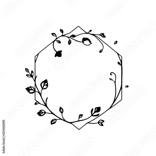Delicate floral frame composed of elegant leaves and stylized flower with polygon shape.