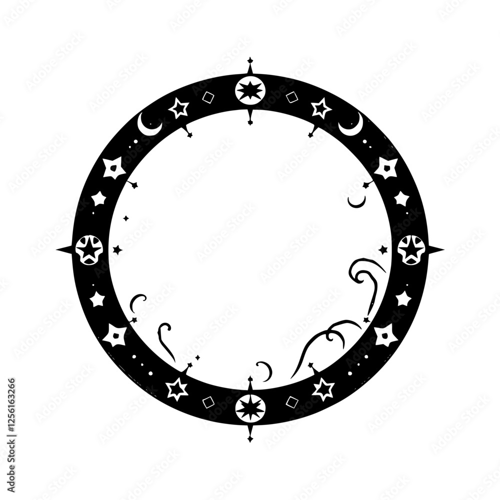 Naklejka premium Celestial circle of night, stars, moons, and abstract designs.
