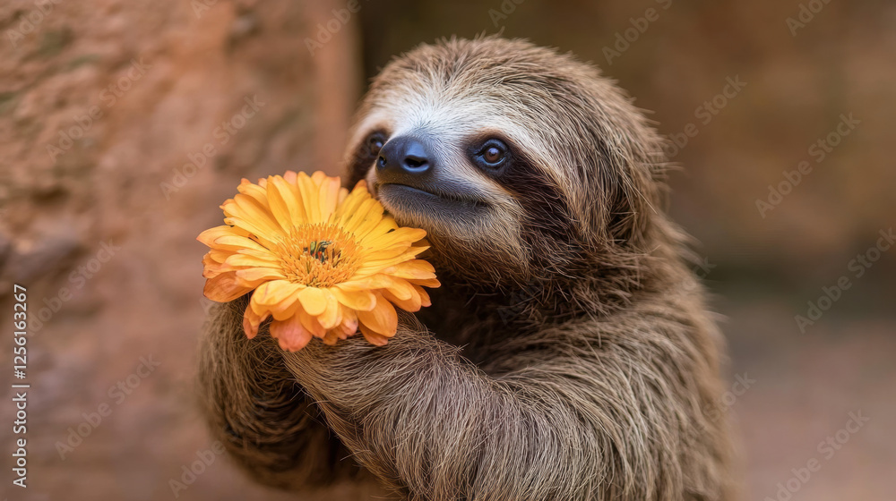 Naklejka premium Happy sloth, A sloth admires a flower, showcasing its gentle grip in a high-fidelity image.