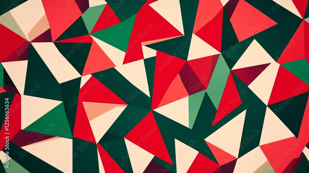 Abstract geometric pattern featuring red, green, and beige triangular shapes.