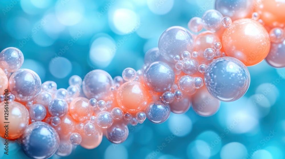 Abstract 3D rendering of iridescent spheres forming a helix against a bokeh background. Abstract 3D rendering of iridescent spheres forming a helix against a bokeh background.