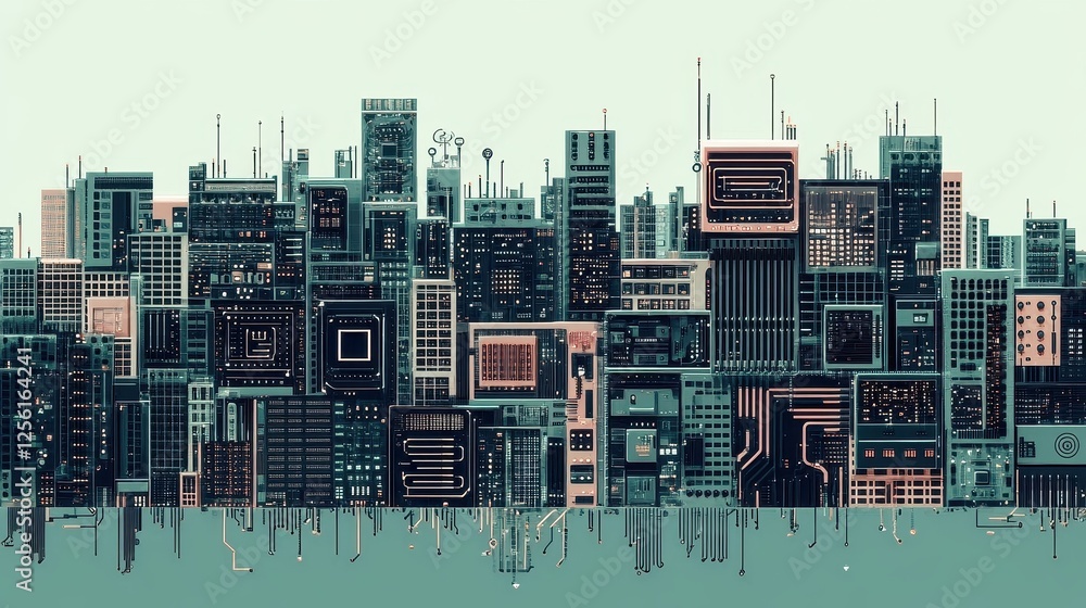 Fototapeta premium A cityscape with buildings shaped like computer components, representing the integration of technology into urban life.