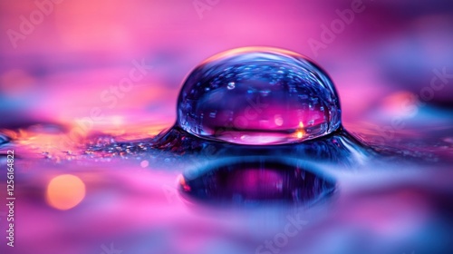 Vibrant purple and pink water droplet reflecting light on a surface.