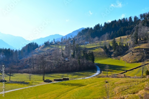 Countryside with fields and forests at Zgornje Jezersko in Gorenjska, Slovenia photo