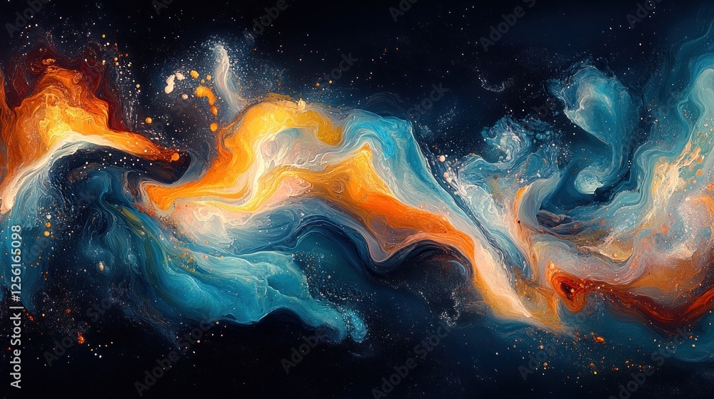 Abstract cosmic swirls of vibrant blue, orange, and yellow paint. Abstract cosmic swirls of vibrant blue, orange, and yellow paint.