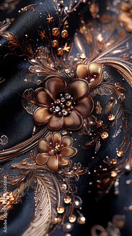 Naklejka premium Close-up of intricate floral embroidery on dark fabric, showcasing golden and bronze tones.