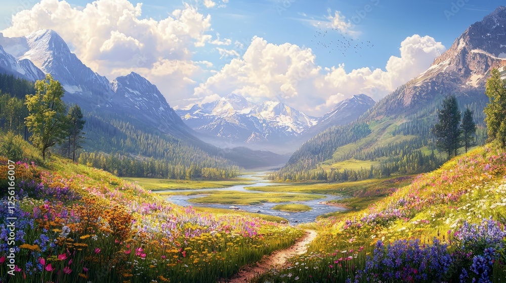 Scenic Mountain Valley with Colorful Wildflowers and Clear Sky Scenic Mountain Valley with Colorful Wildflowers and Clear Sky