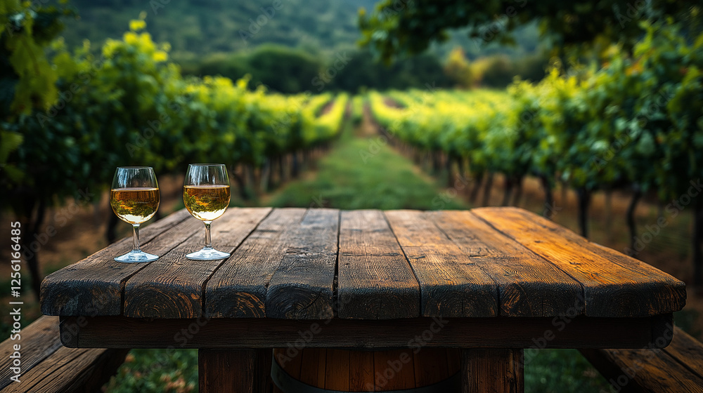 Serenity in a vineyard at dusk with wine glasses on wooden table capturing the essence of nature’s bounty and tranquility Serenity in a vineyard at dusk with wine glasses on wooden table capturing the essence of nature’s bounty and tranquility