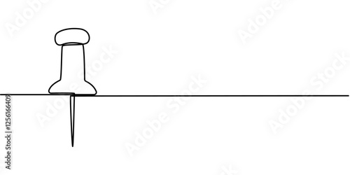 A pushpin drawn in one line. Minimalist linear pin icon attaching paper, Continuous one line drawing of a paper pin. Drawing pin. Vector illustration. Single line pushpin, Linear background of pin.