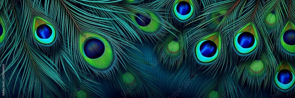 Naklejka premium Vibrant peacock feathers in shades of teal, blue, and green. Detailed, iridescent texture. Exotic, elegant, and colorful. Ideal for backgrounds and design elements.