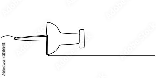 A pushpin drawn in one line. Minimalist linear pin icon attaching paper, Continuous one line drawing of a paper pin. Drawing pin. Vector illustration. Single line pushpin, Linear background of pin.