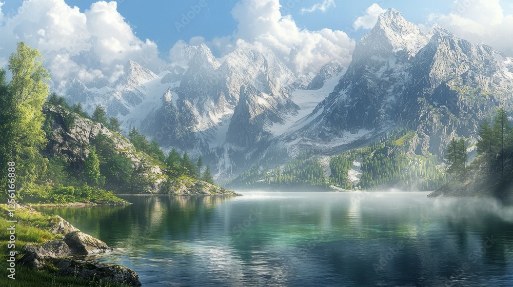 Fototapeta premium Tranquil Mountain Landscape with Reflections on a Calm Lake