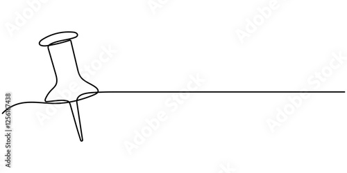 A pushpin drawn in one line. Minimalist linear pin icon attaching paper, Continuous one line drawing of a paper pin. Drawing pin. Vector illustration. Single line pushpin, Linear background of pin.