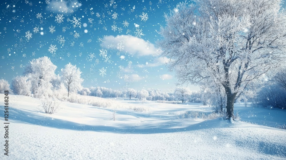 Serene Winter Landscape with Snowflakes and Frosty Trees Serene Winter Landscape with Snowflakes and Frosty Trees