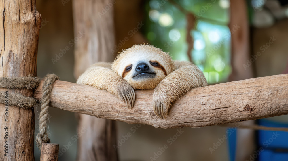 Fototapeta premium Happy sloth, A sloth stretching its arms, conveying a sense of relaxation and leisure in a high-quality stock image.