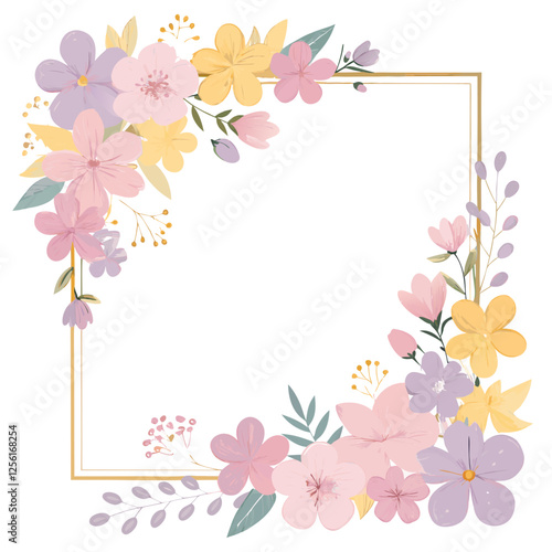 Minimalist Floral Photo Frame, Pastel Flowers, White Background, Vector Art