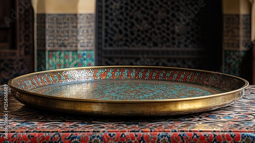 Ornate brass tray with colorful enamel inlay sits on patterned fabric, before intricately carved wall. photo