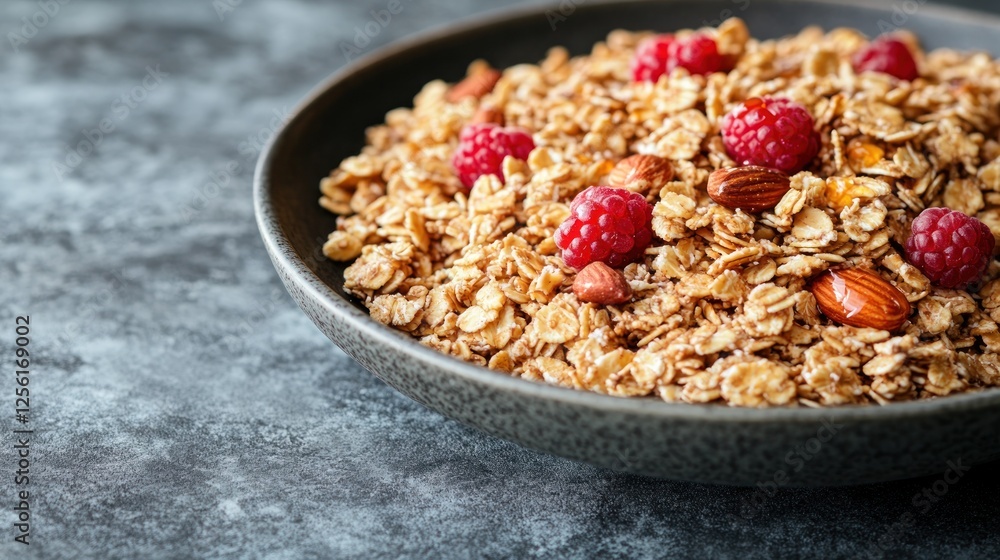 Close-up of a bowl of granola with raspberries and almonds. Close-up of a bowl of granola with raspberries and almonds.