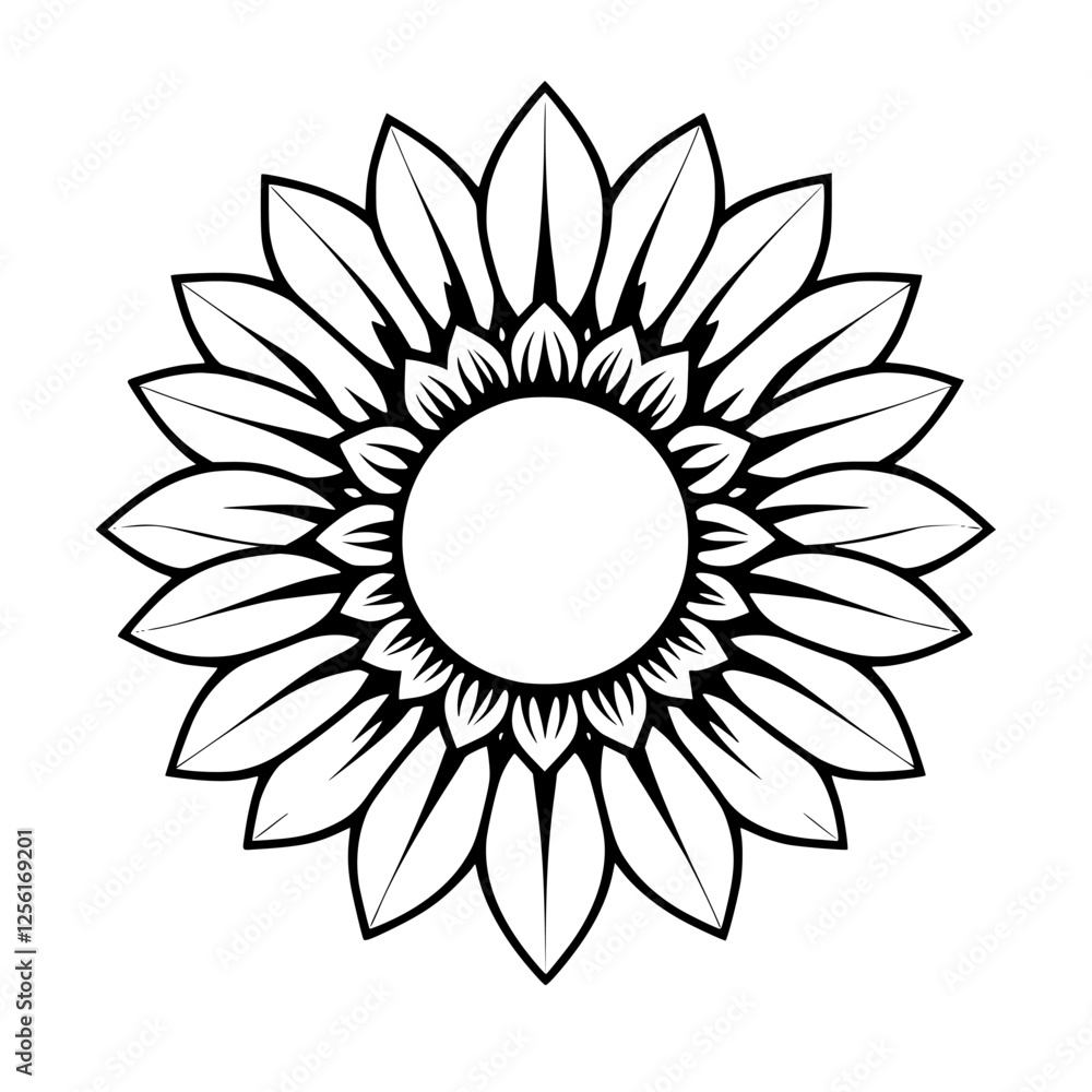 Outline of a sunflower, black and white with petals and detail. Outline of a sunflower, black and white with petals and detail.