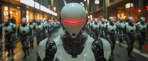 Wallpaper Mural Robots marching in formation through a futuristic city at night with neon lights illuminating the surroundings Torontodigital.ca