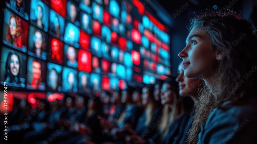 Woman watching a large screen displaying numerous faces, a crowd sits behind her. Woman watching a large screen displaying numerous faces, a crowd sits behind her.