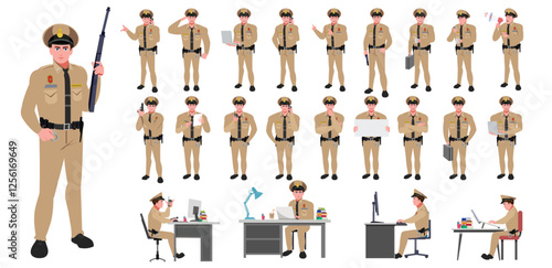
Police Officer Character Design Model Sheet. Man, Character design. Front, side, back view and explainer animation poses. Character set with lip sync and facial expressions of Happy, angry, sad, Joy 