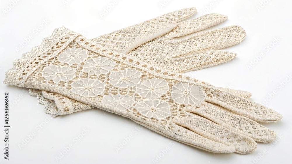 Fototapeta premium Pair of Beige Lace Gloves on White Background