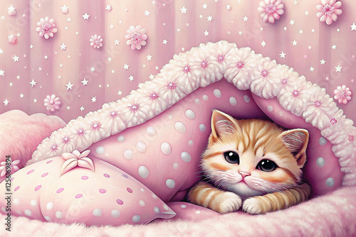 Kitten sleeps peacefully under pink floral blanket, starry background; greeting card photo