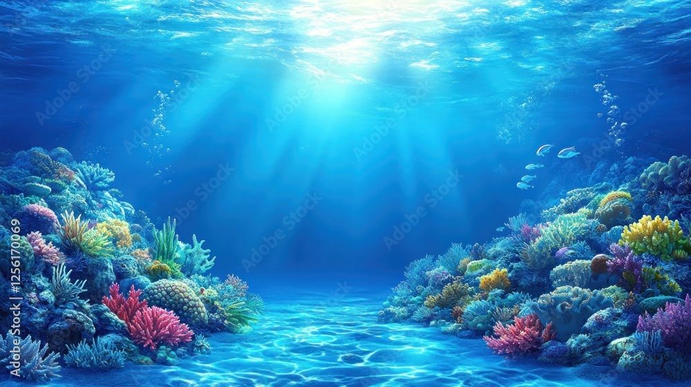 Fototapeta premium Vibrant underwater scene with sunbeams illuminating colorful coral reefs and fish.
