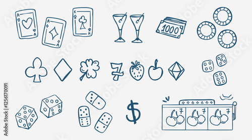 set icons, doodle poker night, casino chips, deck of cards, dice, cards suits, gambling, casino. Hand drawn vector illustration