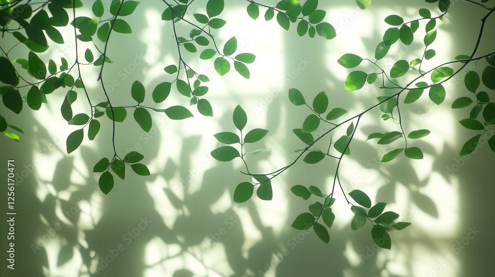 Obraz premium Sunlight filtering through green leaves casts shadows on a light wall.