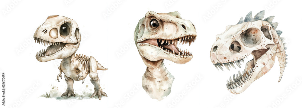Obraz premium Dinosaurs and their skulls depicted in a whimsical style highlighting unique features and expressions