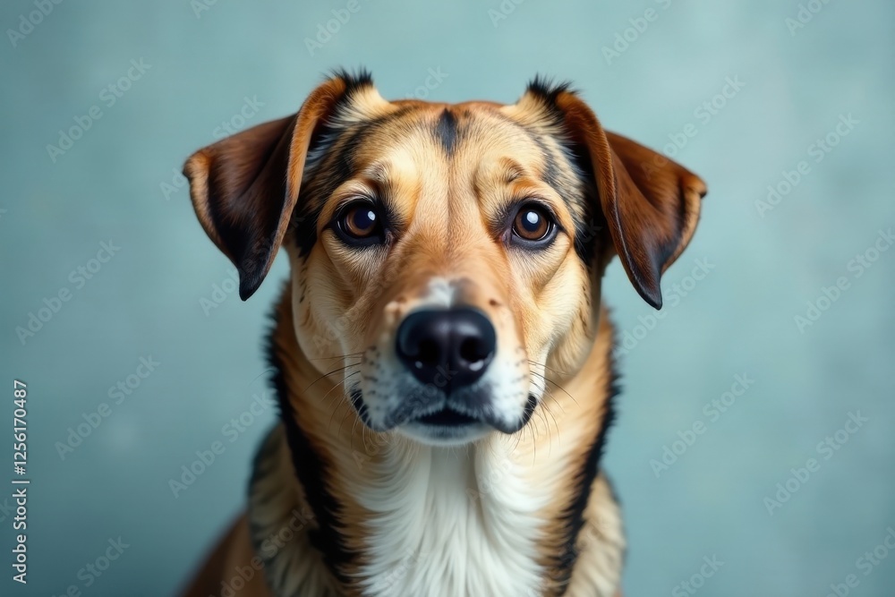 A heartwarming portrait of a friendly mixed-breed dog with expressive eyes and a curious gaze, showcasing its unique coat pattern and gentle demeanor against a serene teal backdrop A heartwarming portrait of a friendly mixed-breed dog with expressive eyes and a curious gaze, showcasing its unique coat pattern and gentle demeanor against a serene teal backdrop