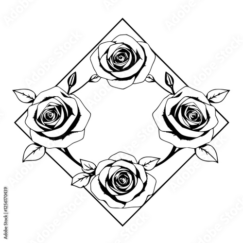 A symmetrical rose frame composed of four roses in a diamond shape, in a minimalistic and clean style.