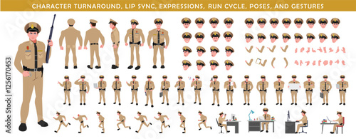 
Police Officer Character Design Model Sheet. Man, Character design. Front, side, back view and explainer animation poses. Character set with lip sync and facial expressions of Happy, angry, sad, Joy 