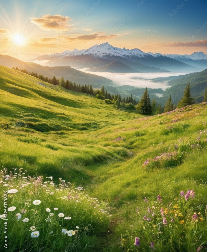 Fototapeta premium Mountain landscape with a lake and green hills under a blue sky