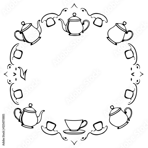 Decorative, ornate frame with teapots and tea cups in a circular arrangement.