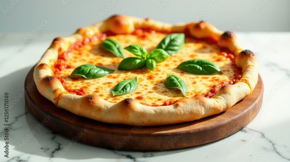A delicious cheese pizza, freshly baked with a crispy crust and adorned with vibrant basil leaves, sits on a rustic wooden board, ready to be enjoyed. A delicious cheese pizza, freshly baked with a crispy crust and adorned with vibrant basil leaves, sits on a rustic wooden board, ready to be enjoyed.