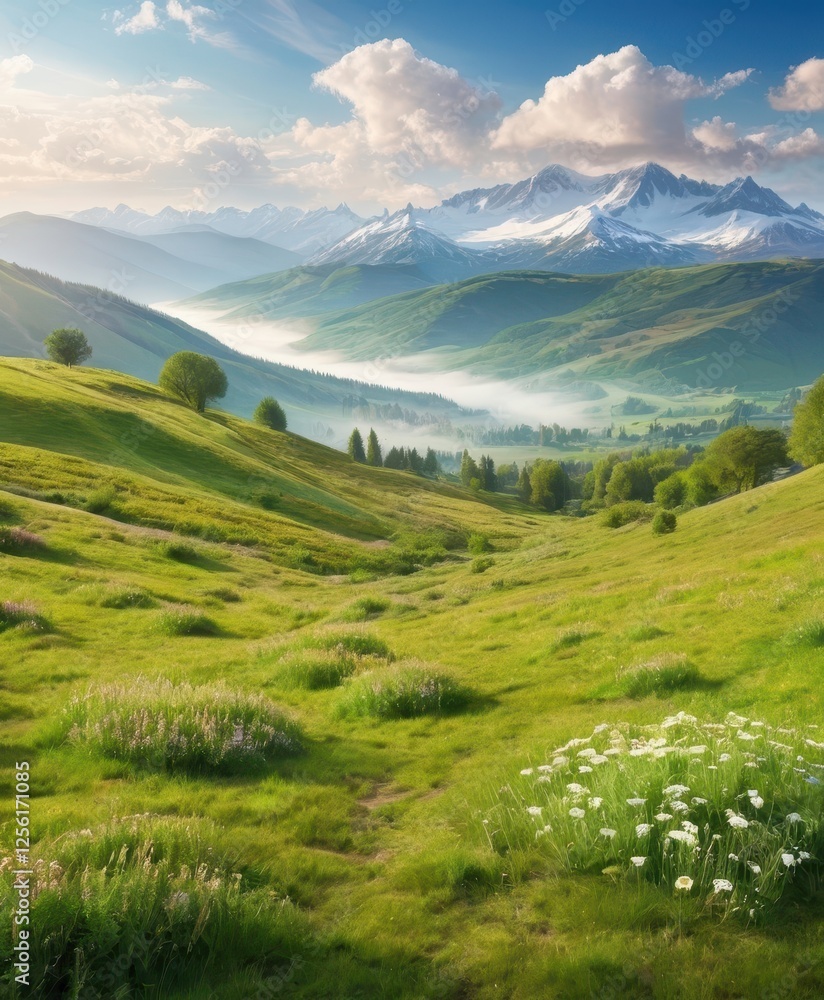 Obraz premium Mountain landscape with a lake and green hills under a blue sky