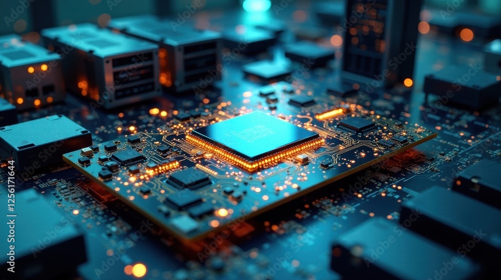 Obraz premium Illuminated Microchip on Advanced Circuit Board, High-Tech Components Glowing with Inner Light