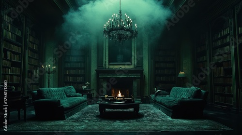 Mysterious, smoky library interior with antique furniture, fireplace, and chandelier.