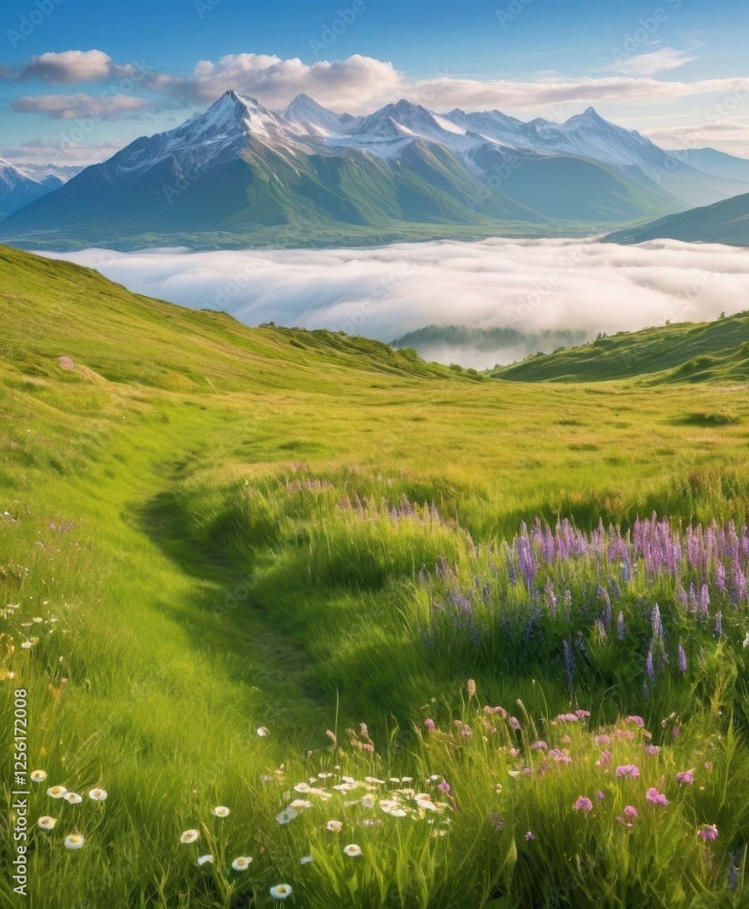 Mountain landscape with a lake and green hills under a blue sky Mountain landscape with a lake and green hills under a blue sky