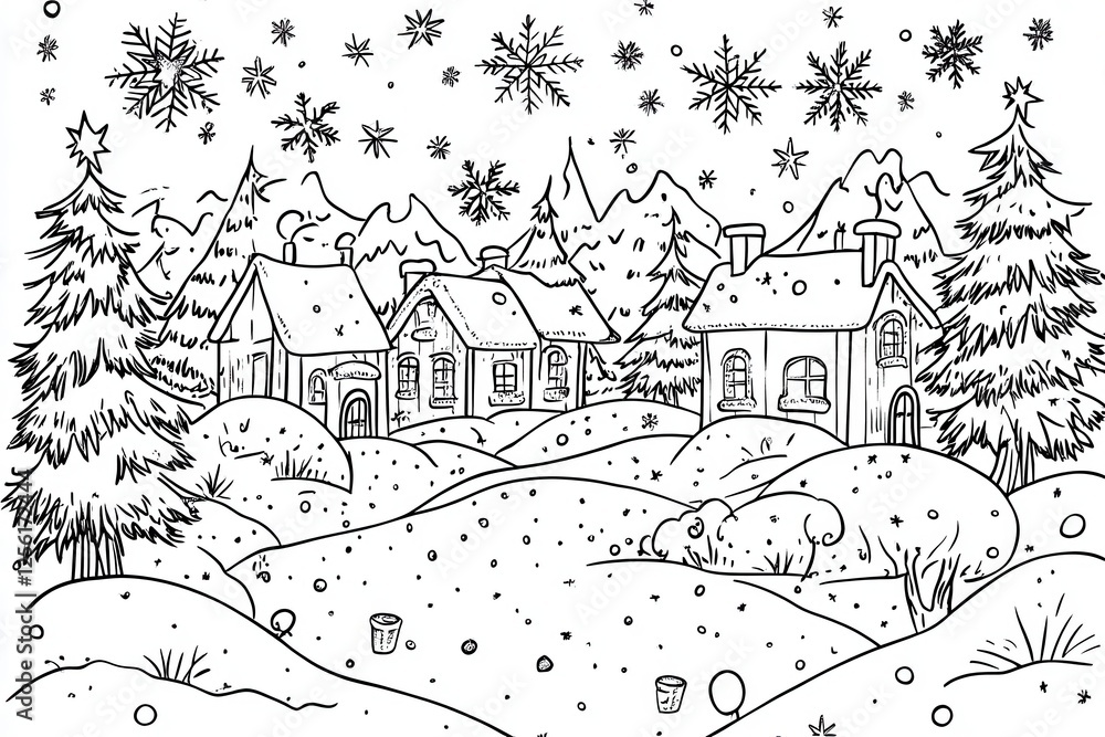 Obraz premium Winter Wonderland Coloring Page Featuring Cozy Houses, Snowflakes, Pine Trees, and Scenic Mountains in a Relaxing Landscape