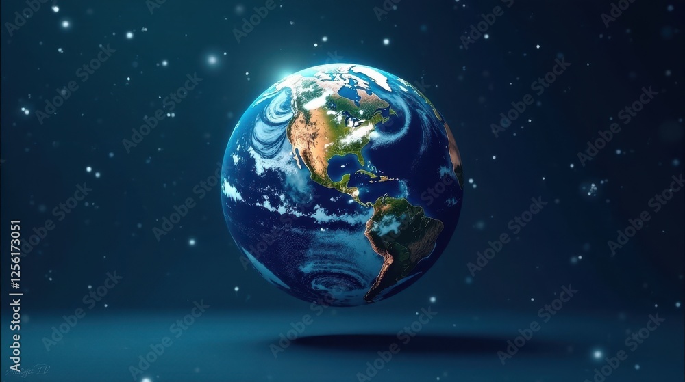 Fototapeta premium A Vivid Depiction of Planet Earth Suspended in a Dark Blue Cosmos, Showcasing Atmospheric Details and Continental Landmasses