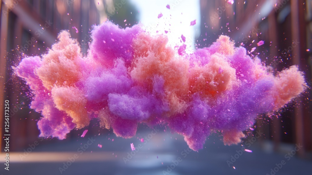 Abstract pink and orange powder explosion in city alley. Abstract pink and orange powder explosion in city alley.
