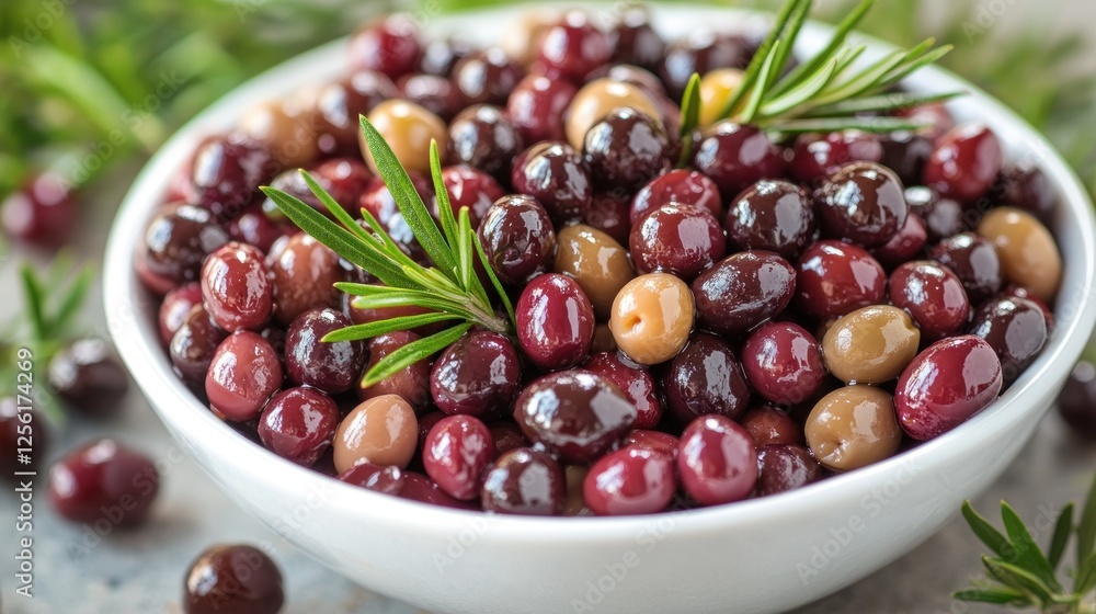 Bowl of mixed olives with rosemary. Bowl of mixed olives with rosemary.