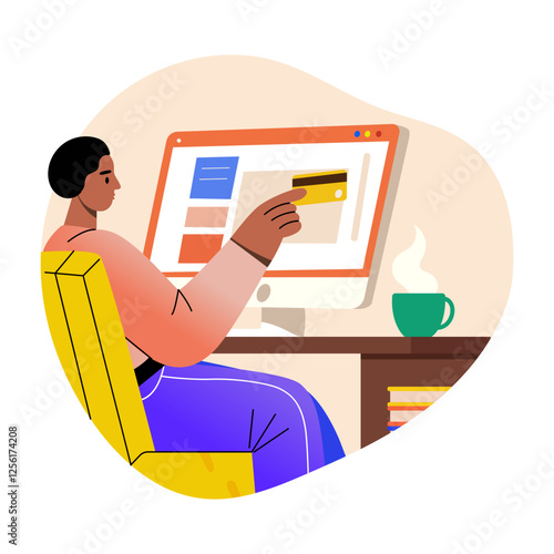 A flat illustration of a character doing online payment 