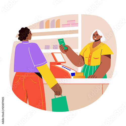 A flat illustration of customer standing at billing counter 