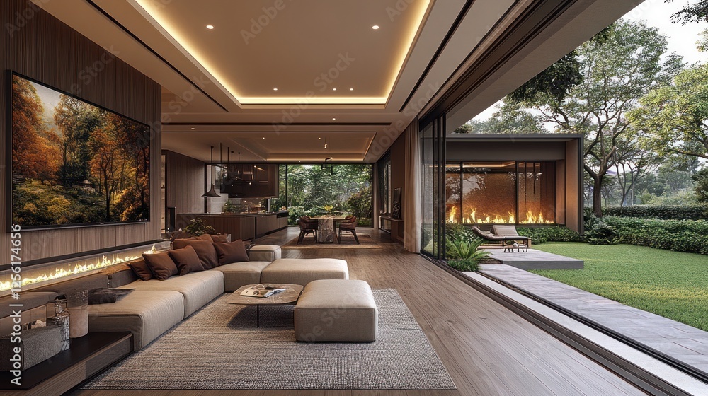 Fototapeta premium Modern luxury living room with fireplace, large windows, and garden view.